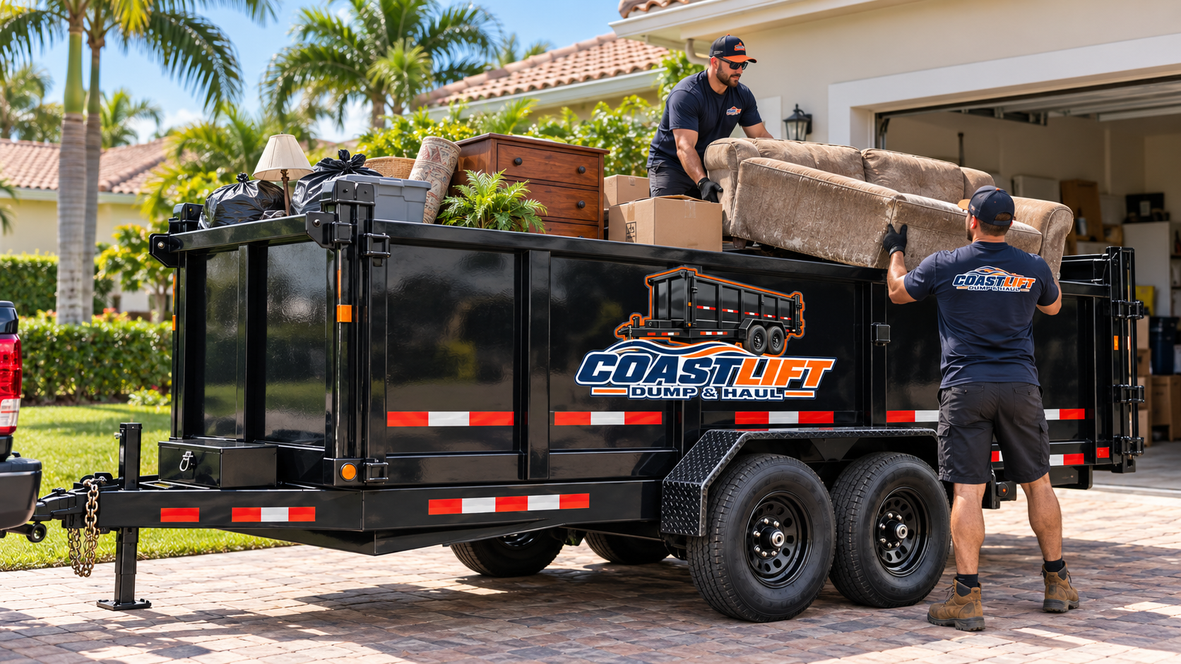 CoastLift 7 by 16 dump trailer at a junk & cleanouts jobsite