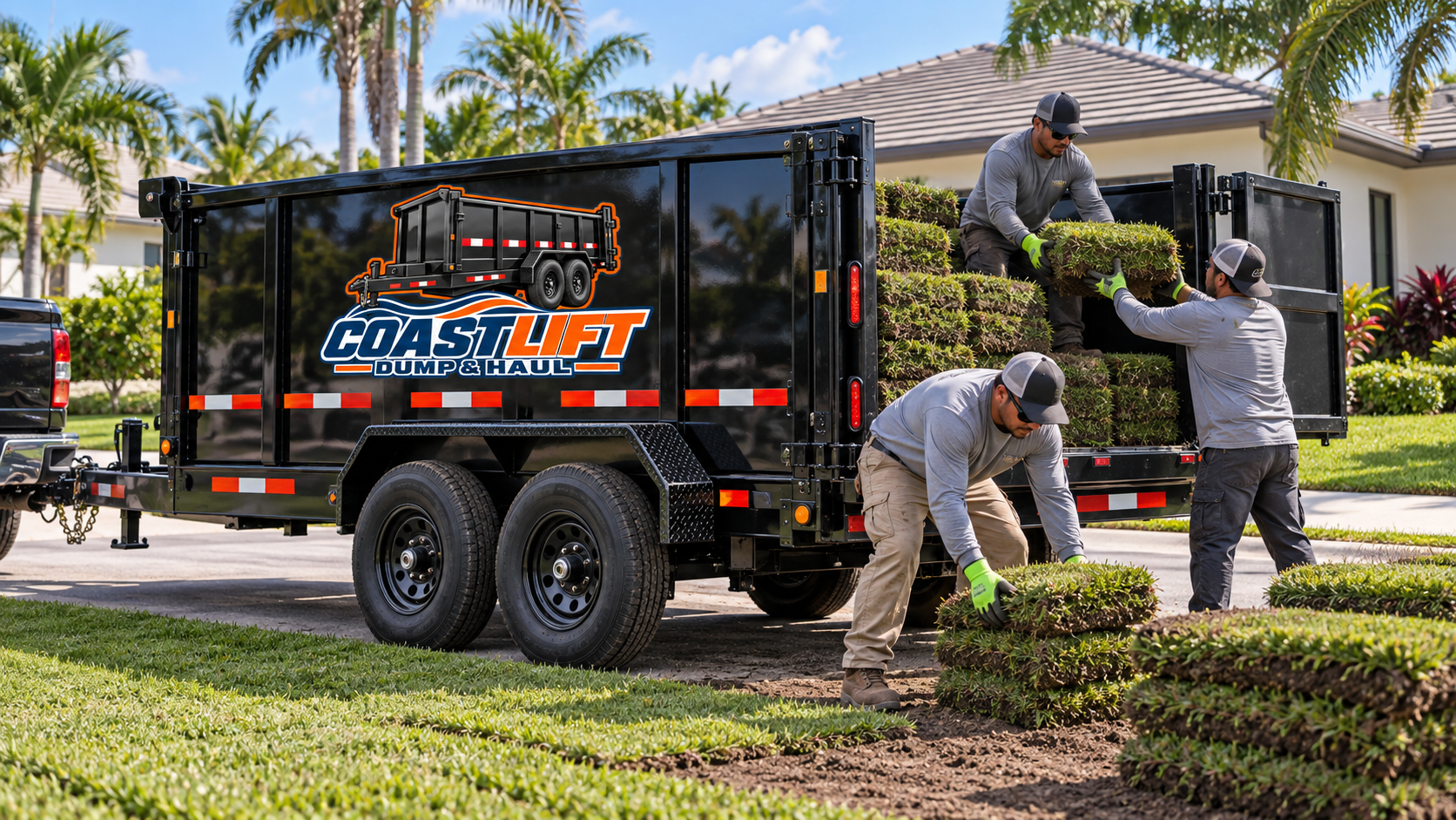 CoastLift 7 by 16 dump trailer at a sod & landscaping jobsite